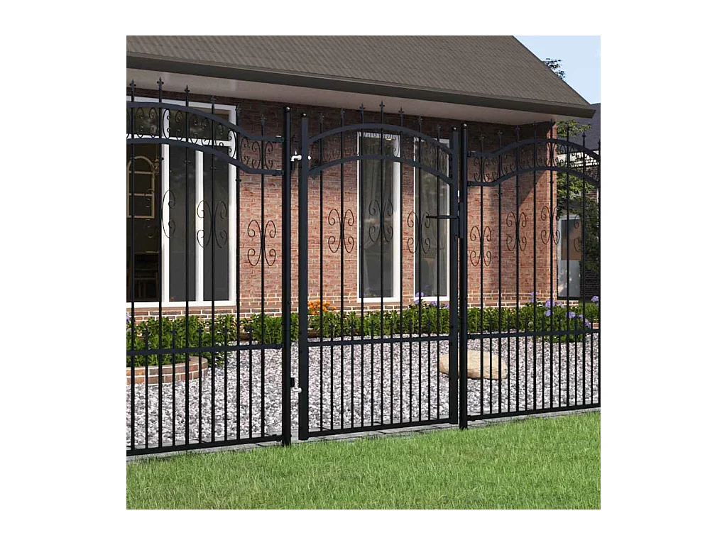Puerta de valla con parte superior en forma de lanza, negra, 103 x 150 cm, acero con recubrimiento de polvo