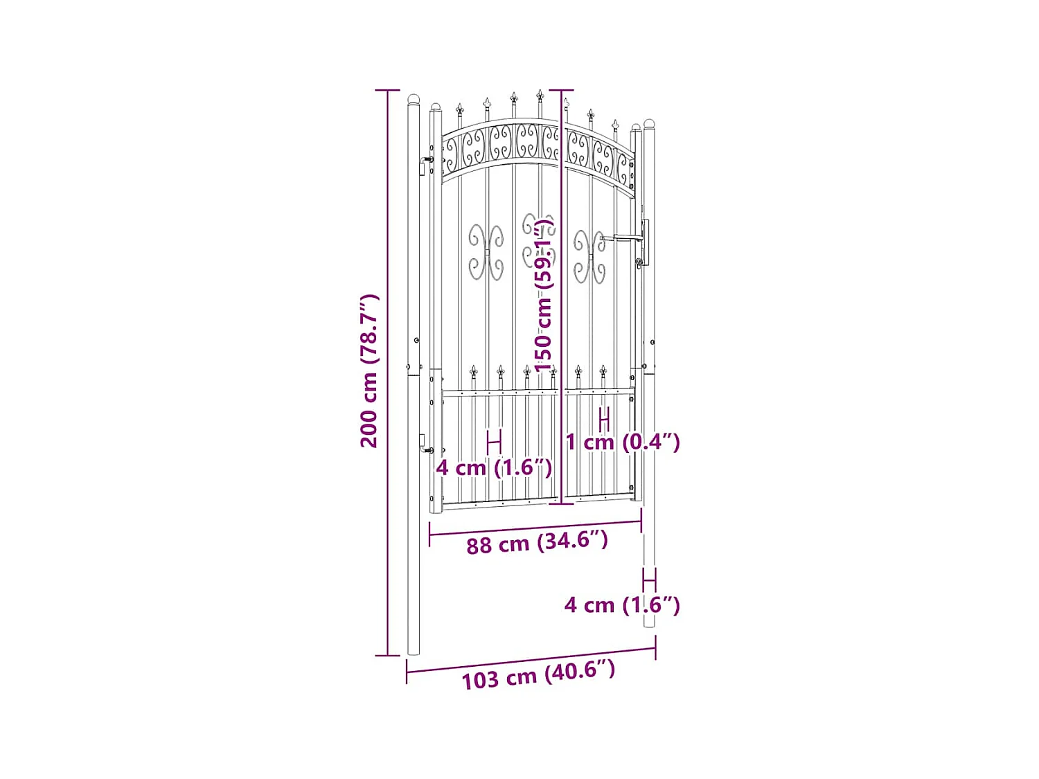 Puerta de valla con parte superior en forma de lanza, negra, 103 x 150 cm, acero con recubrimiento de polvo