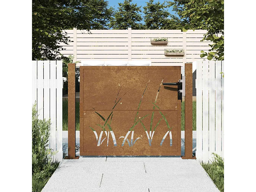 Puerta de jardín 105x80 cm acero corten diseño césped