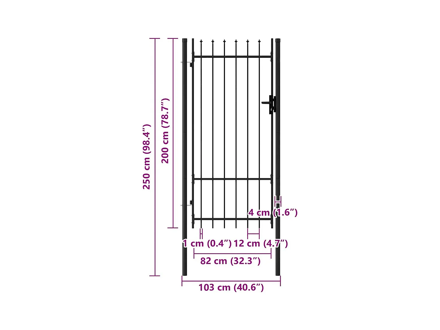 Cancello singolo con punta superiore Acciaio 1x2 m Nero