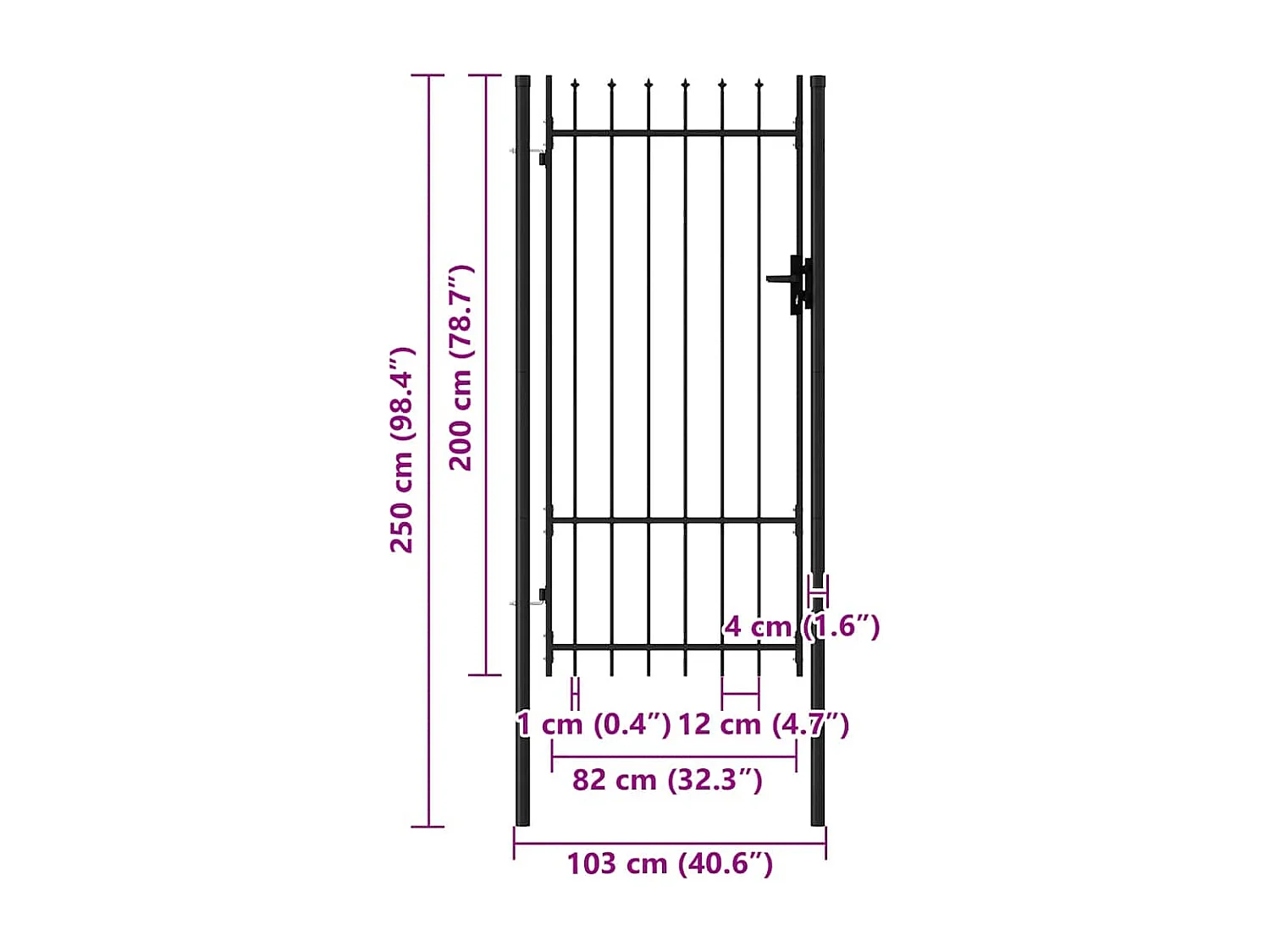 Portillon simple porte avec dessus à pointe Acier 1x2 m Noir