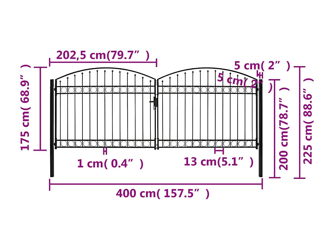 Cancello doppio con parte superiore arcuata Acciaio 400x175 cm Nero