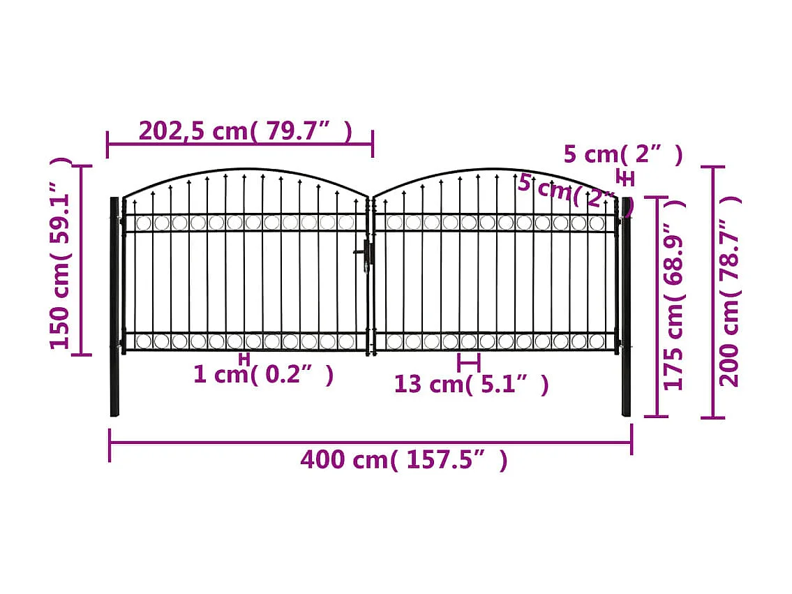 Puerta doble con arco superior Acero 400x150 cm Negro