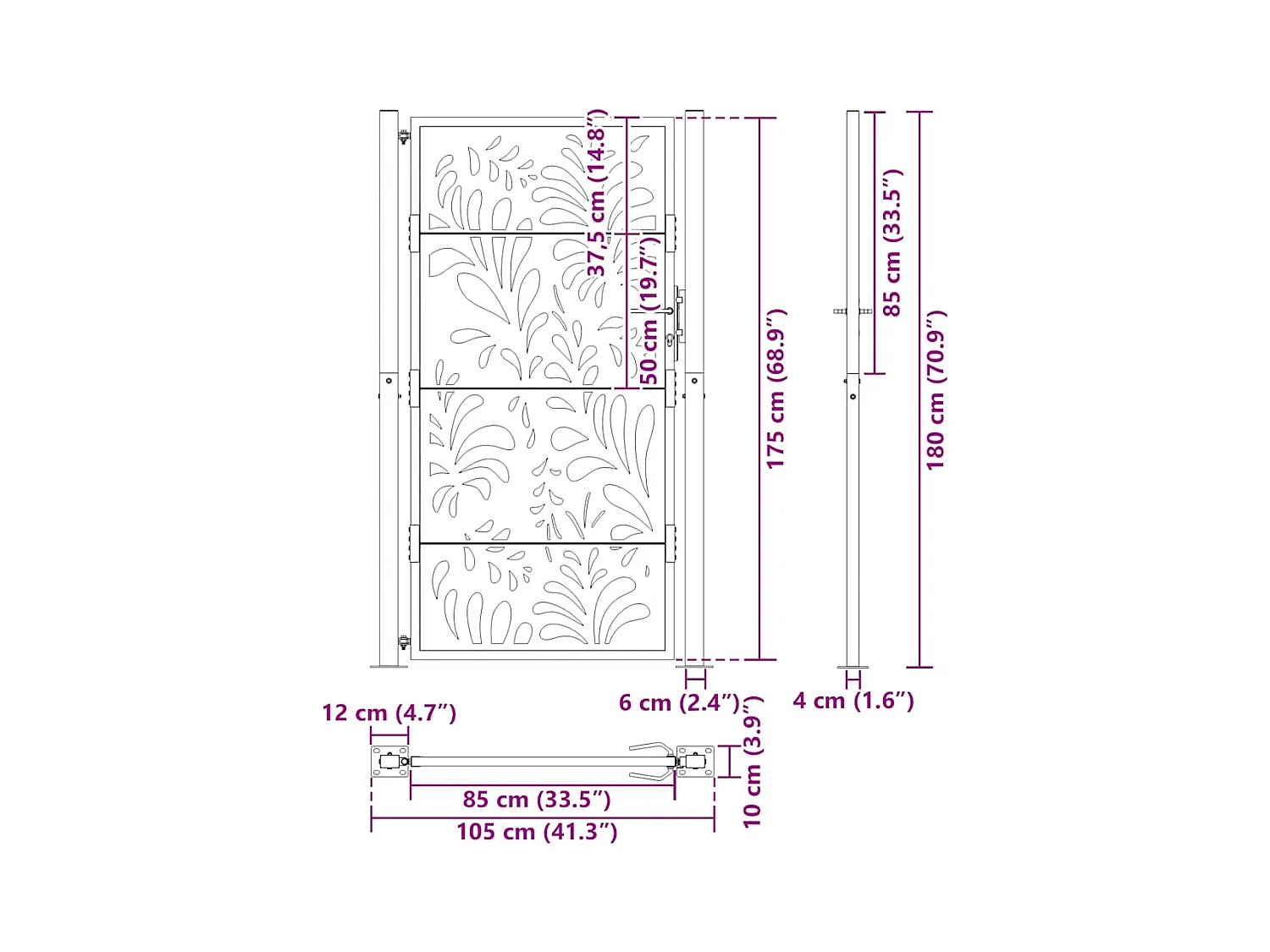 Puerta de jardín negra 105x180 cm diseño ondulado de acero