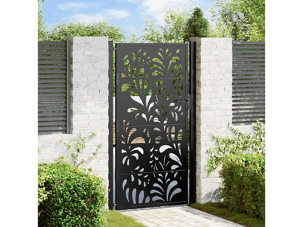 Puerta de jardín negra 105x180 cm diseño ondulado de acero