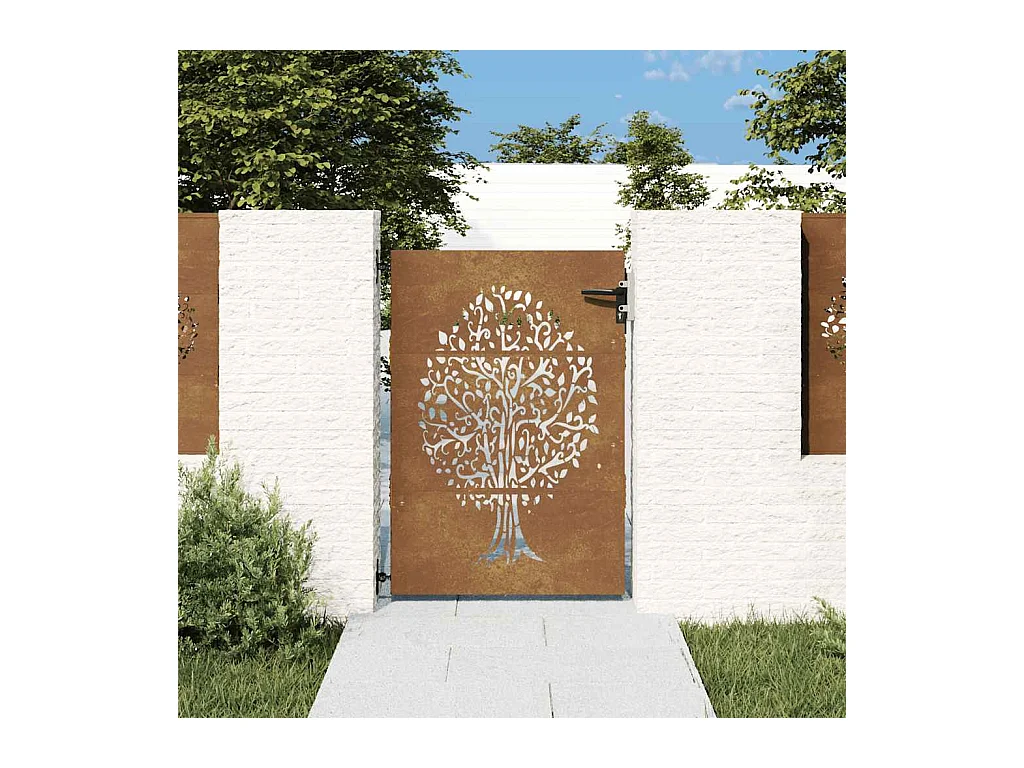 Puerta de jardín 85x150 cm de acero corten con diseño de árbol.