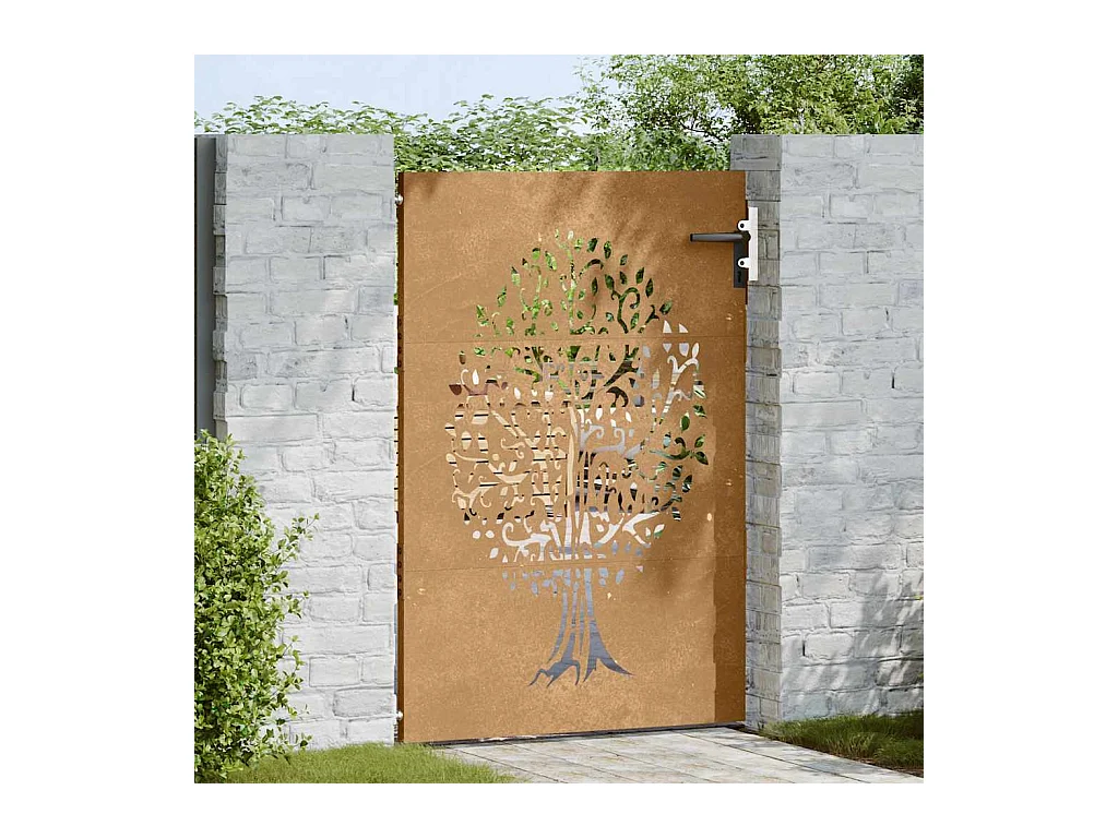 Puerta de jardín 85x150 cm de acero corten con diseño de árbol.