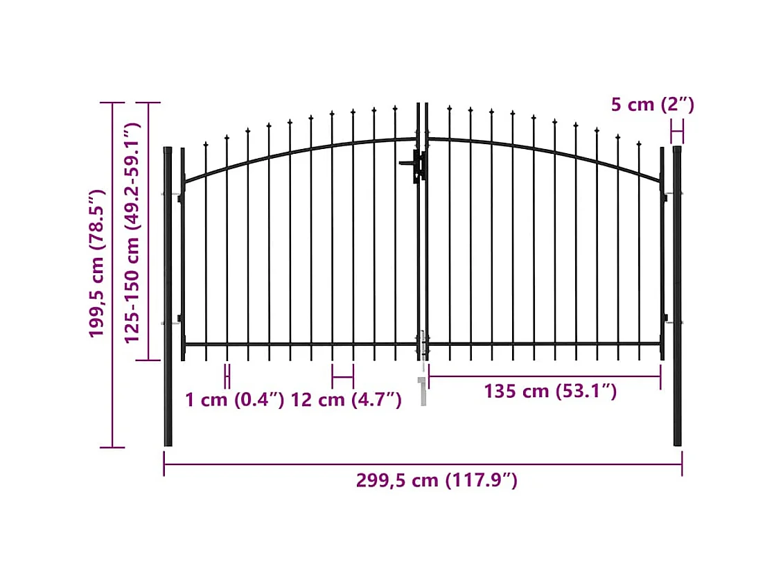 Cancello doppio con punta superiore Acciaio 3x1,5 m Nero