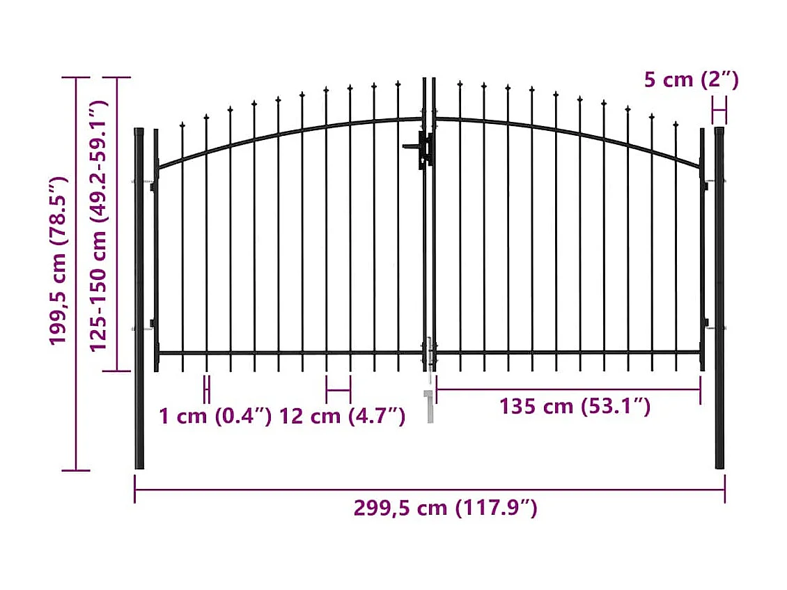 Portillon double porte avec dessus à pointe Acier 3x1,5 m Noir
