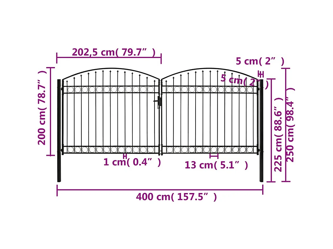 Cancello doppio con parte superiore ad arco Acciaio 400x200 cm Nero