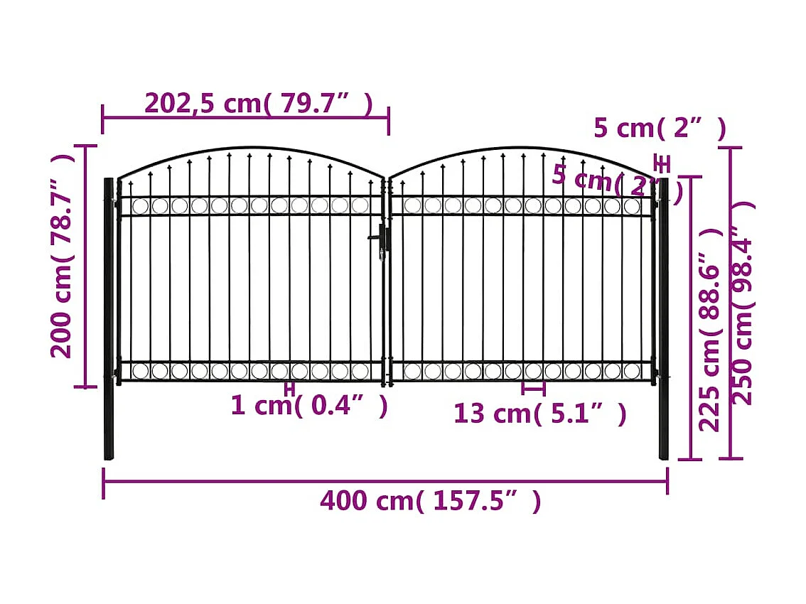 Portillon double porte avec dessus arqué Acier 400x200 cm Noir