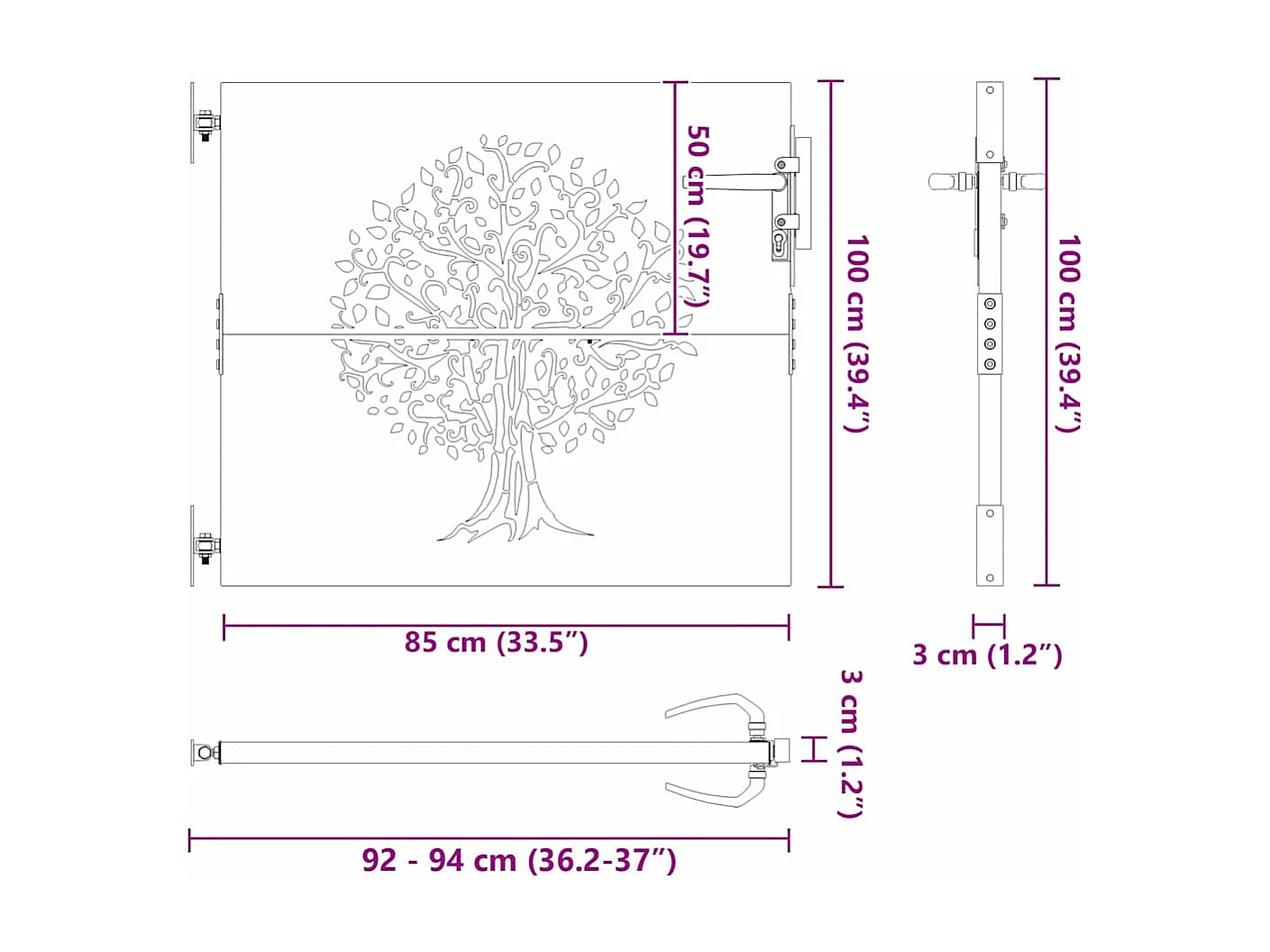 Puerta de jardín, Puerta de jardín 85x75 cm Diseño de árbol en acero Corten