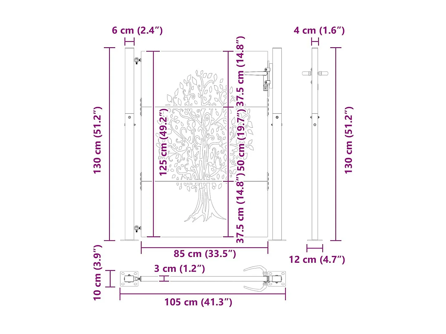 Schwarzes Gartentor 105 x 125 cm, pulverbeschichteter Stahl
