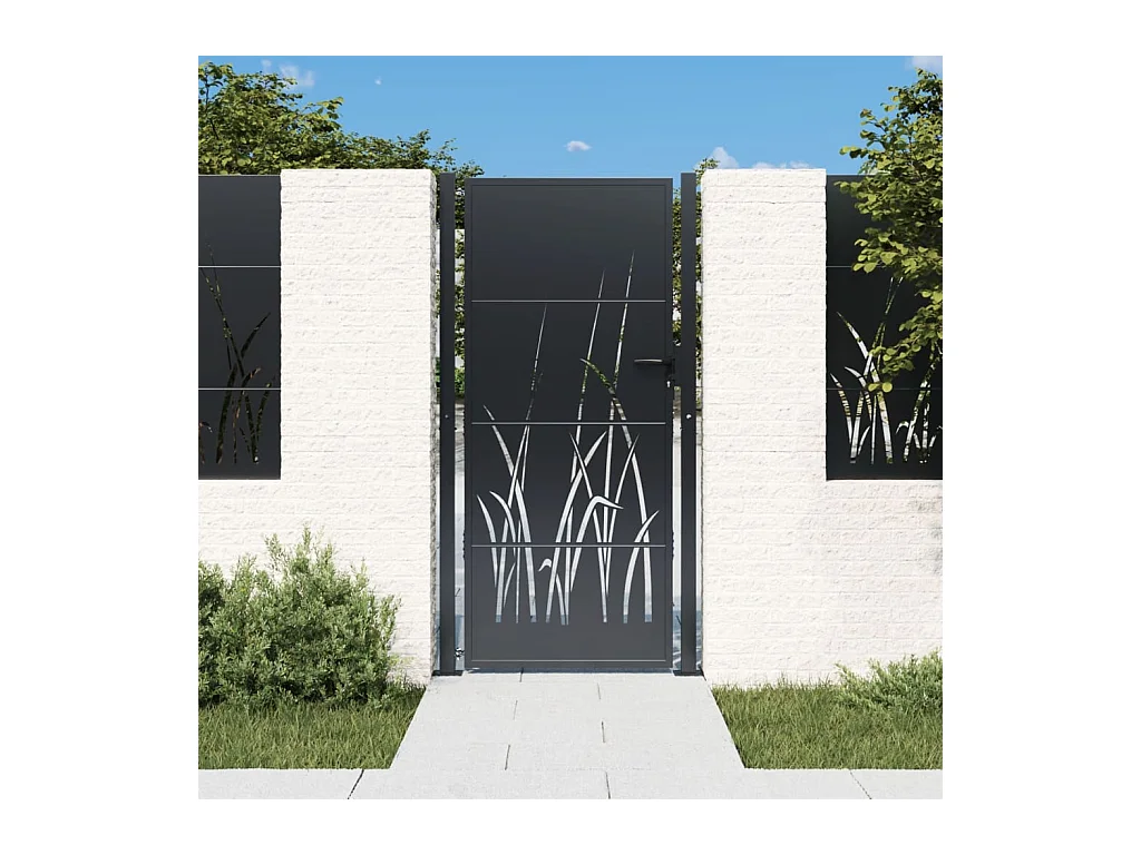 Puerta de jardín antracita de 105 x 180 cm, de acero, con diseño de césped.