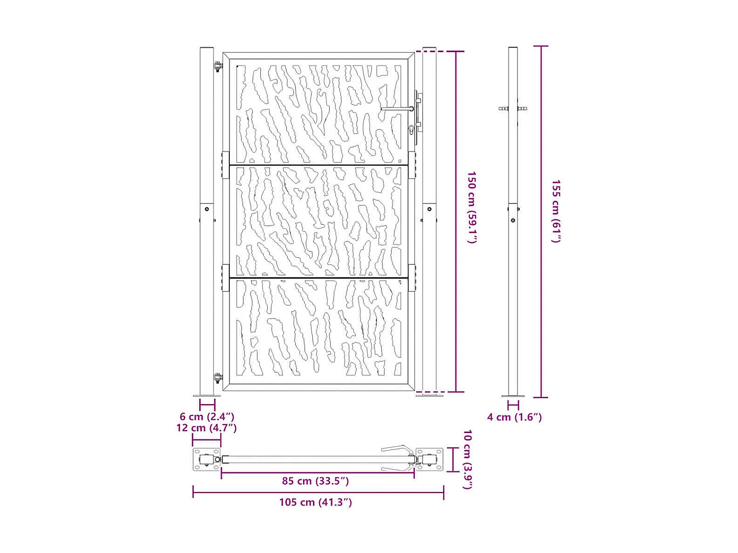 Puerta de jardín negra 105x155 cm diseño de líneas en acero