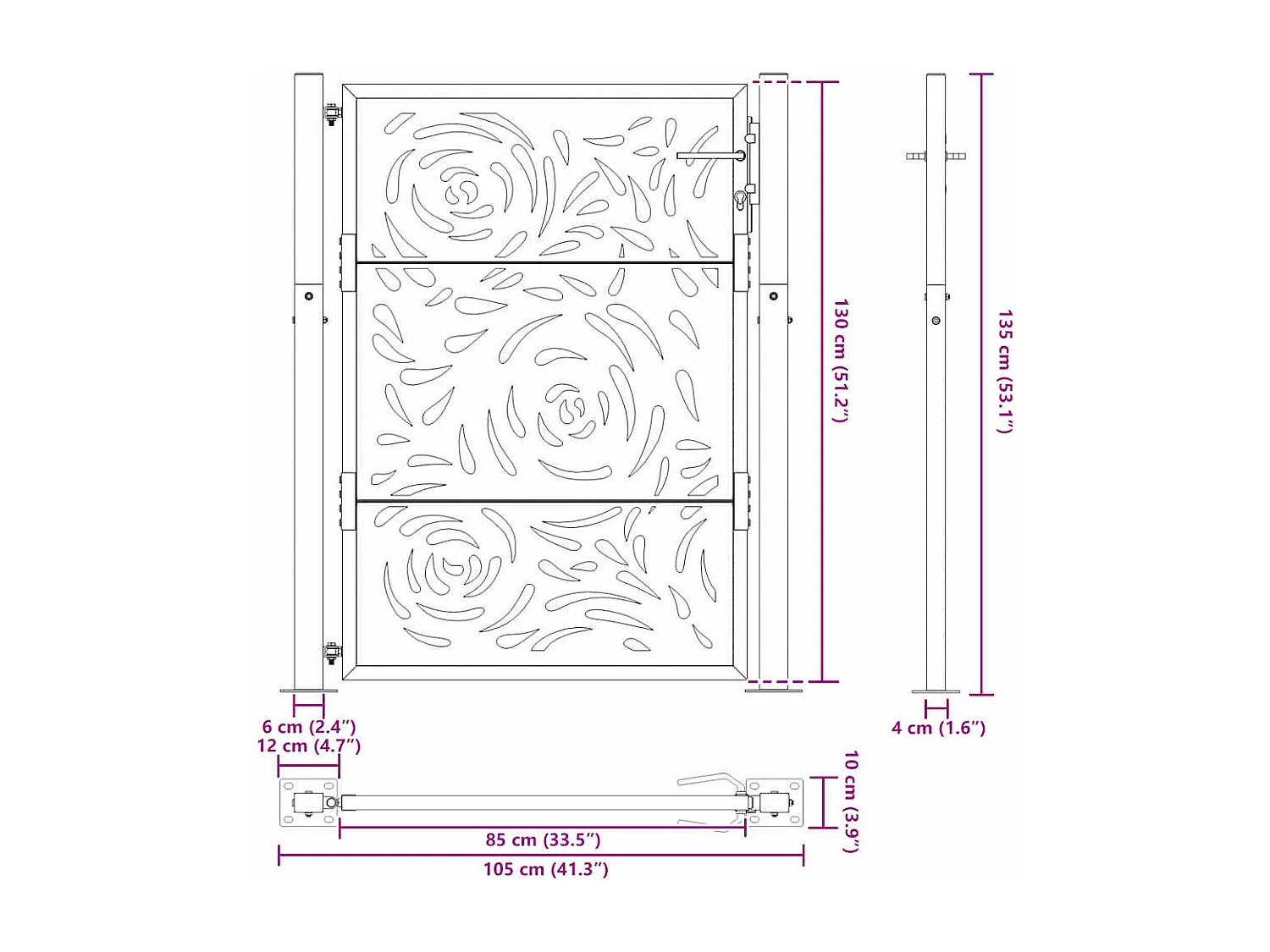 Puerta de jardín negra 105x130 cm diseño llama de acero