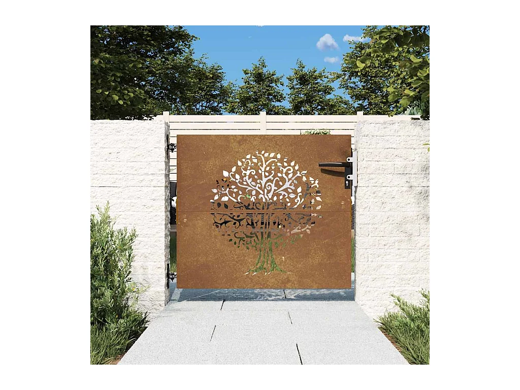 Puerta de jardín 85x100 cm de acero corten con diseño de árbol.