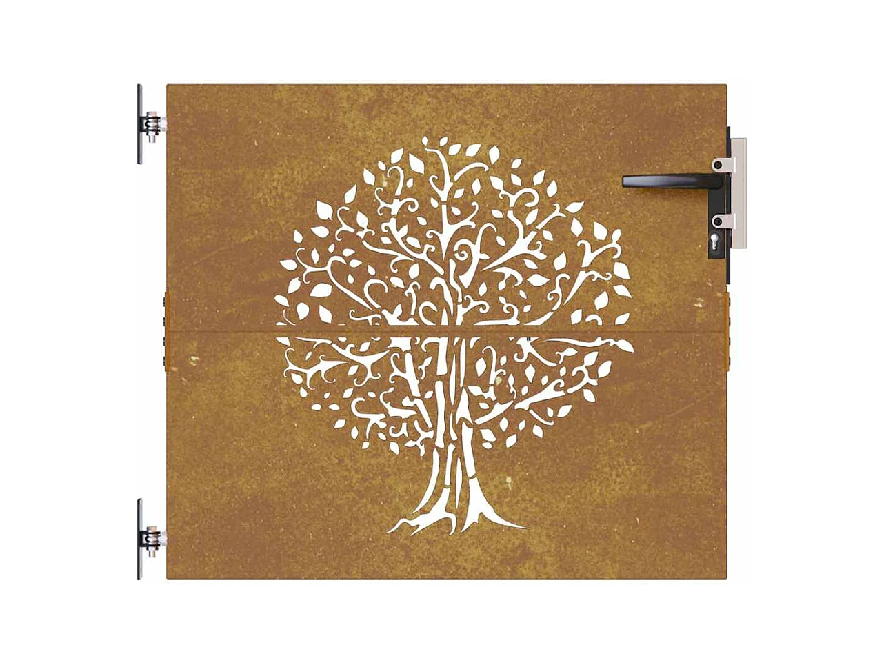 Puerta de jardín 85x100 cm de acero corten con diseño de árbol.