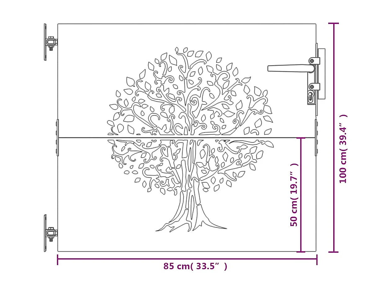 Puerta de jardín 85x100 cm de acero corten con diseño de árbol.