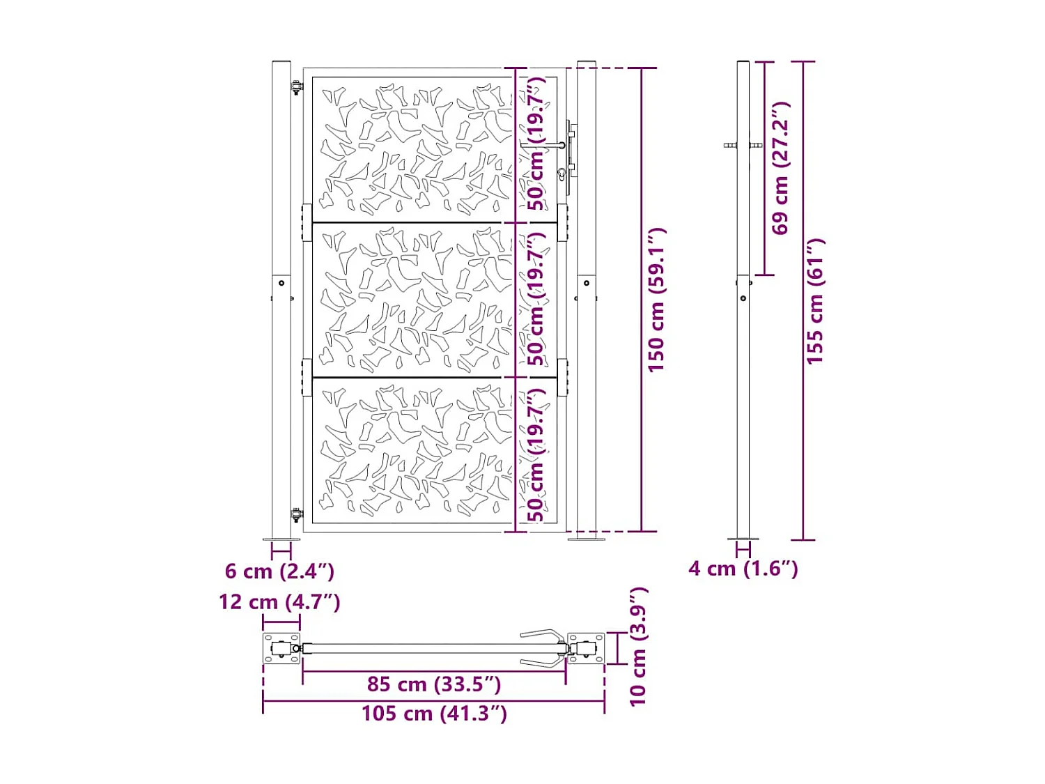 Puerta de jardín negra 105x155 cm diseño de hoja de acero