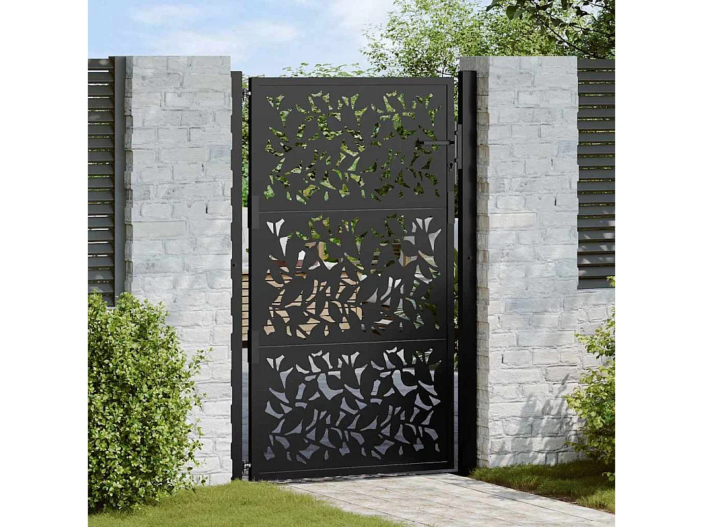 Cancello da giardino nero 105x155 cm design foglia in acciaio