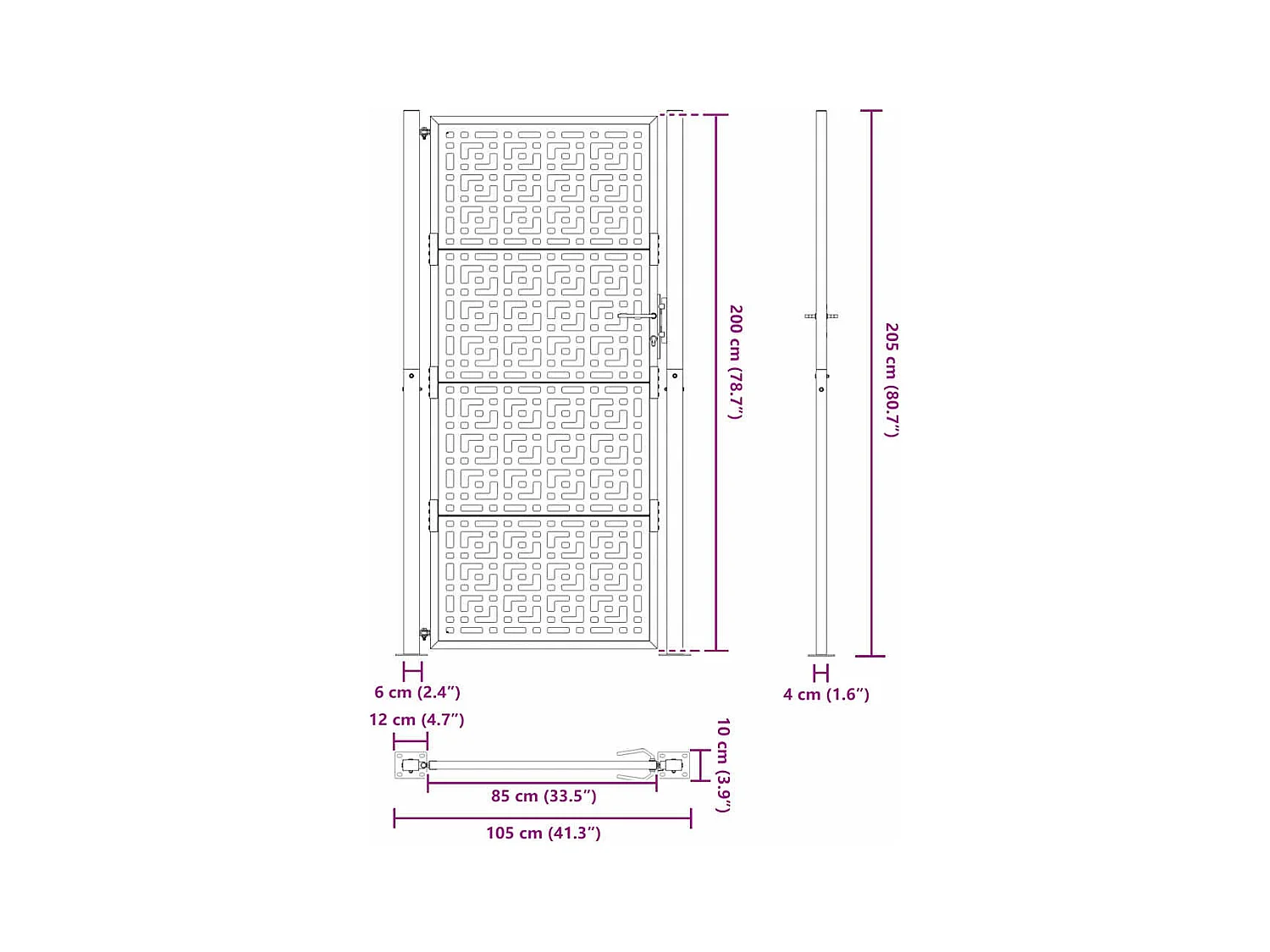 Puerta de jardín negra de 105x205 cm con diseño de cruz de acero.