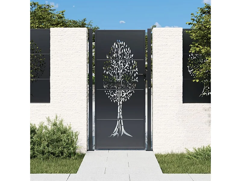 Puerta de jardín antracita de acero de 105 x 205 cm con diseño de árbol.