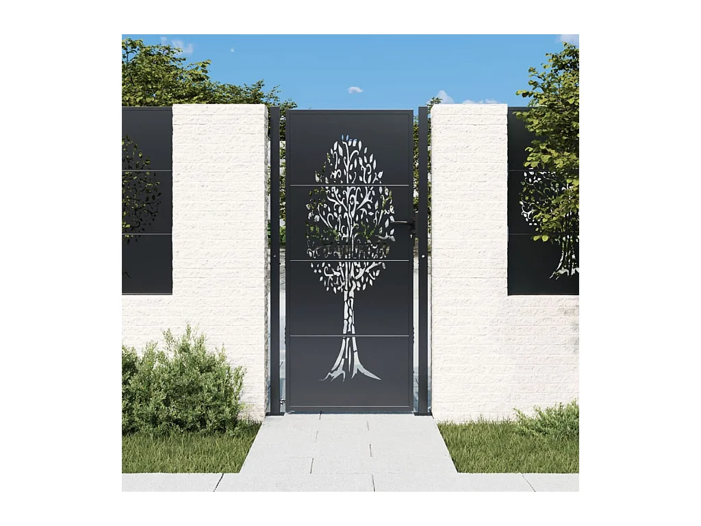 Cancello da giardino antracite 105x205cm in acciaio con motivo ad albero