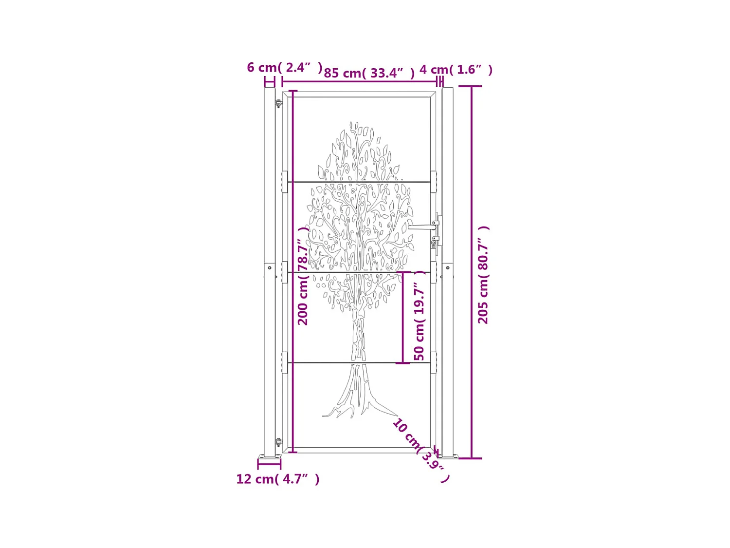 Cancello da giardino antracite 105x205cm in acciaio con motivo ad albero