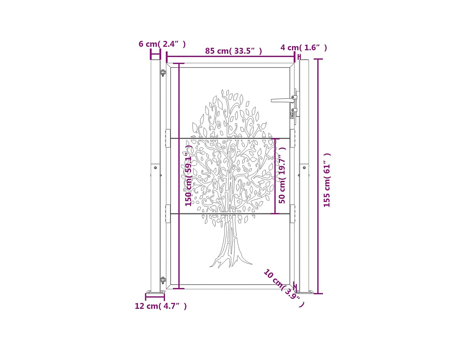 Cancello da giardino antracite 105x155cm in acciaio con motivo ad albero