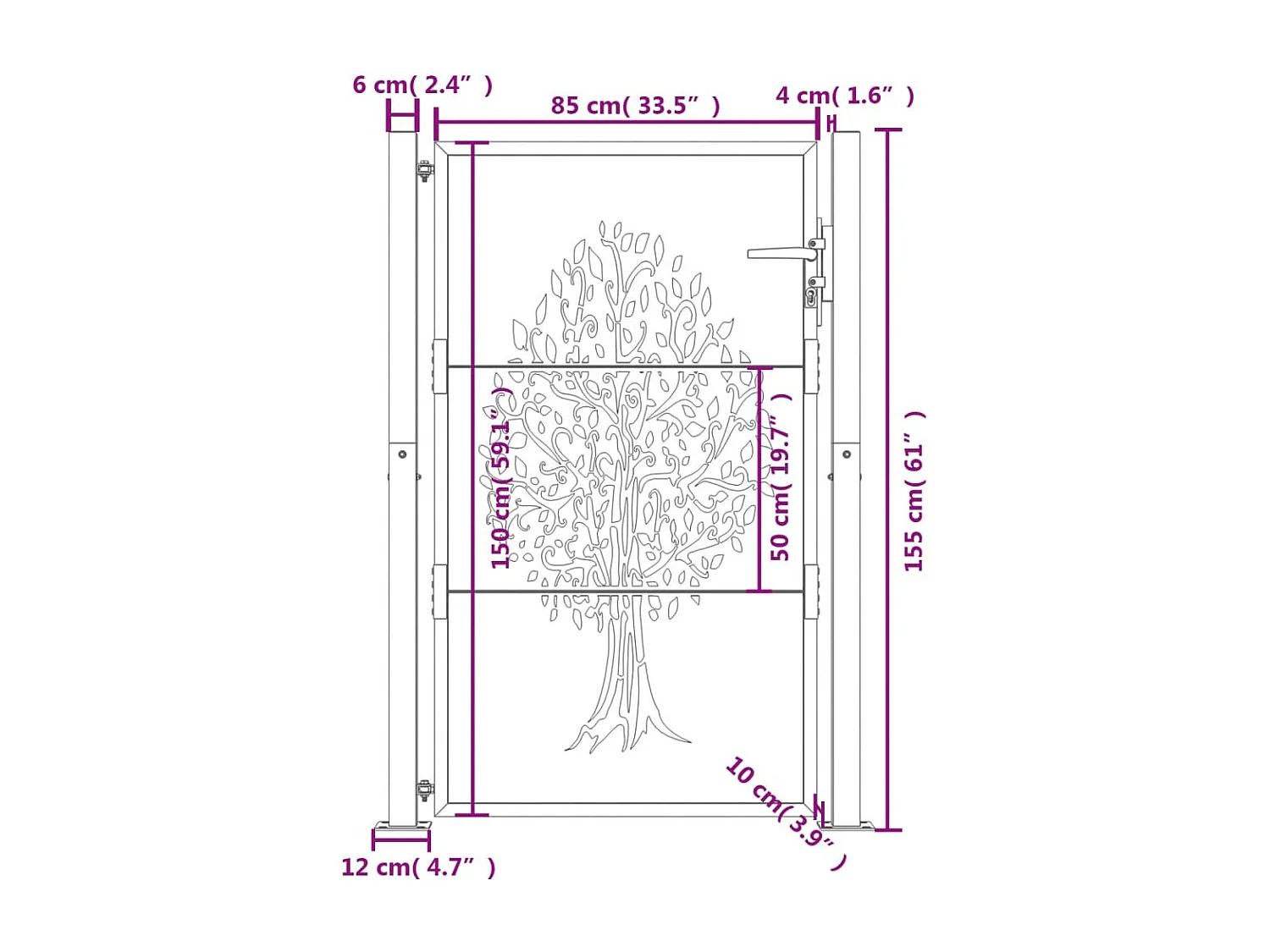 Portail de jardin anthracite 105x155cm acier conception d'arbre