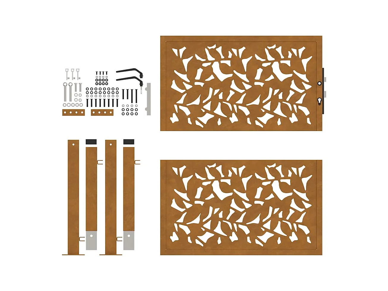 Puerta de jardín de acero resistente a la intemperie con diseño de hojas.