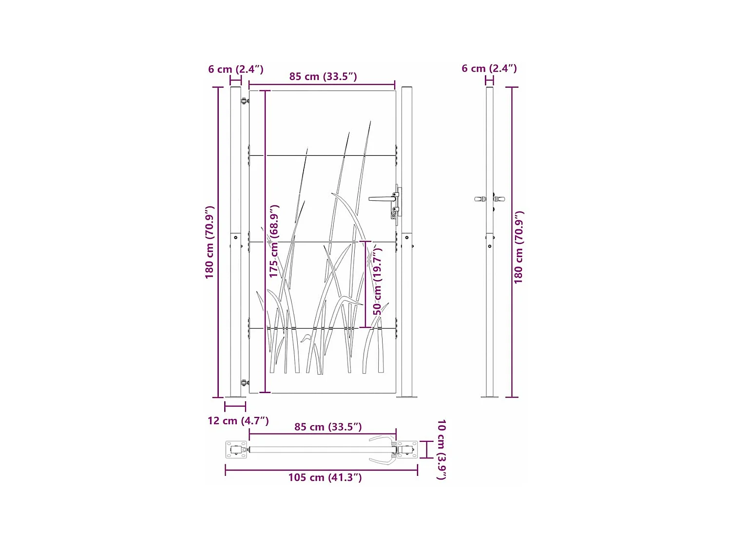 Puerta de jardín negra de 105 x 175 cm de acero con recubrimiento en polvo
