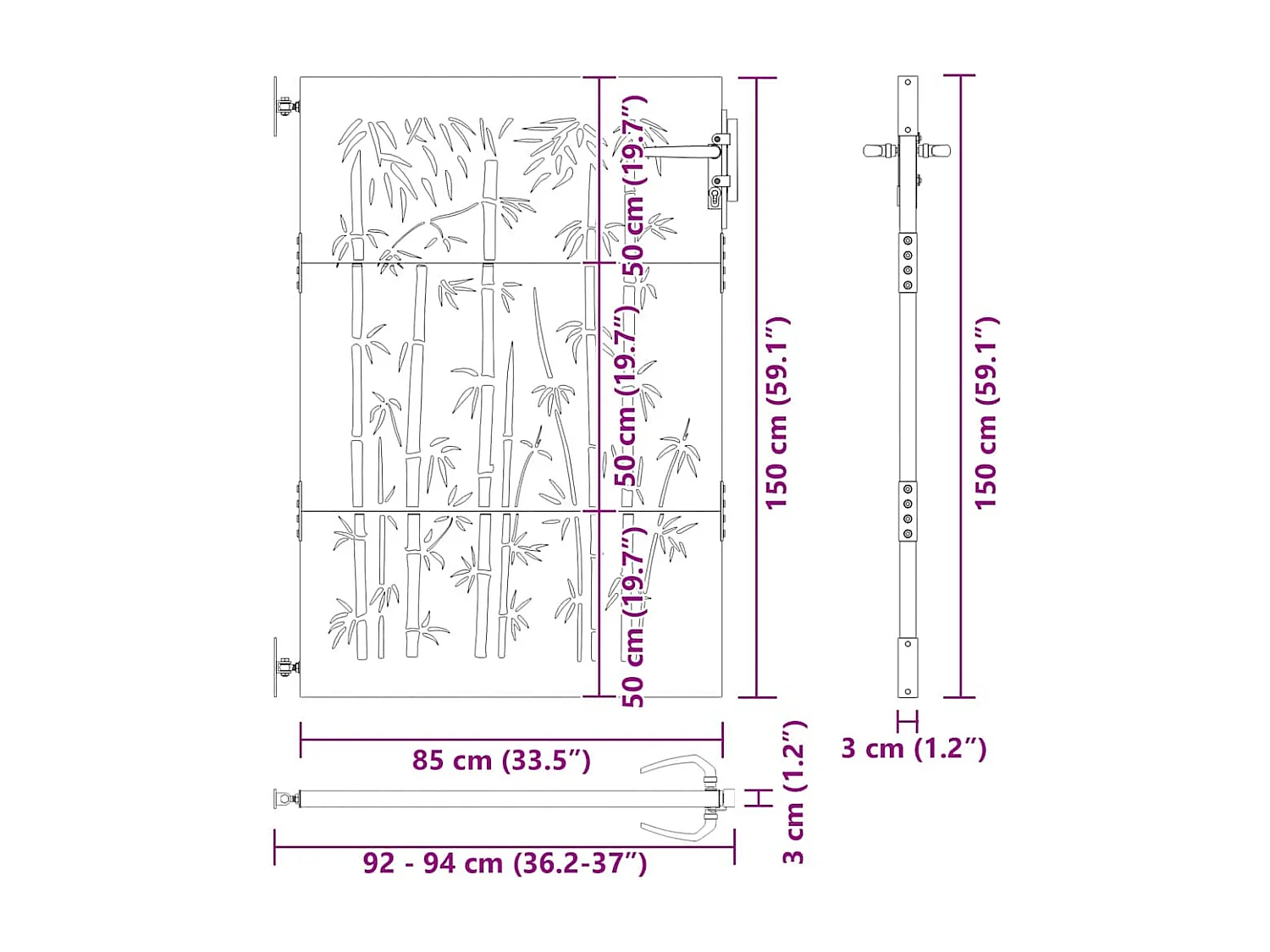 Puerta de jardín negra de 105 x 150 cm de acero con recubrimiento en polvo