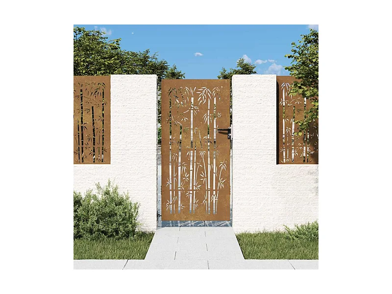 Puerta de jardín 85x200 cm acero corten diseño bambú