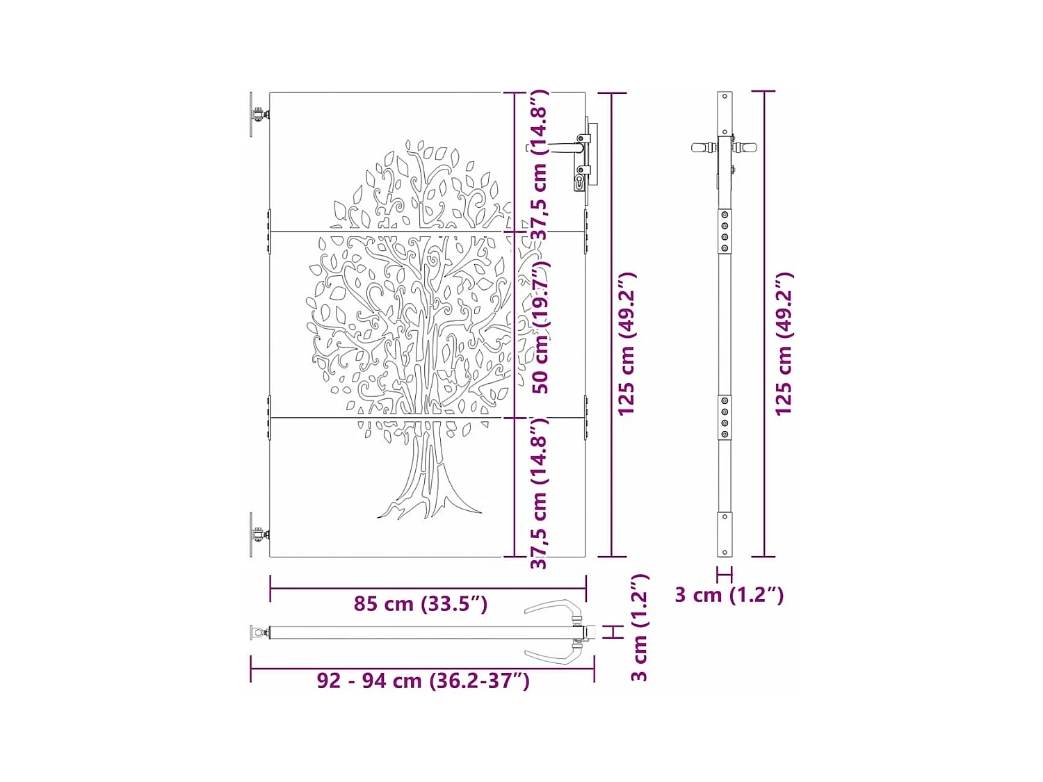Puerta de jardín, Puerta de jardín 85x75 cm Diseño de árbol en acero Corten
