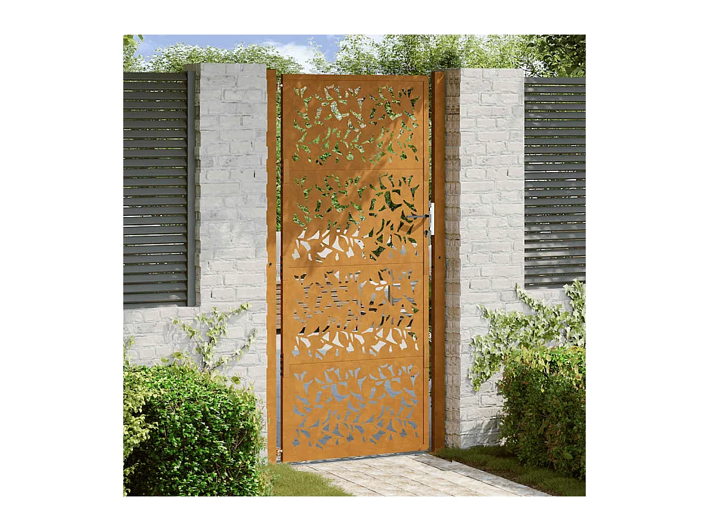 Puerta de jardín de acero resistente a la intemperie con diseño de hojas.