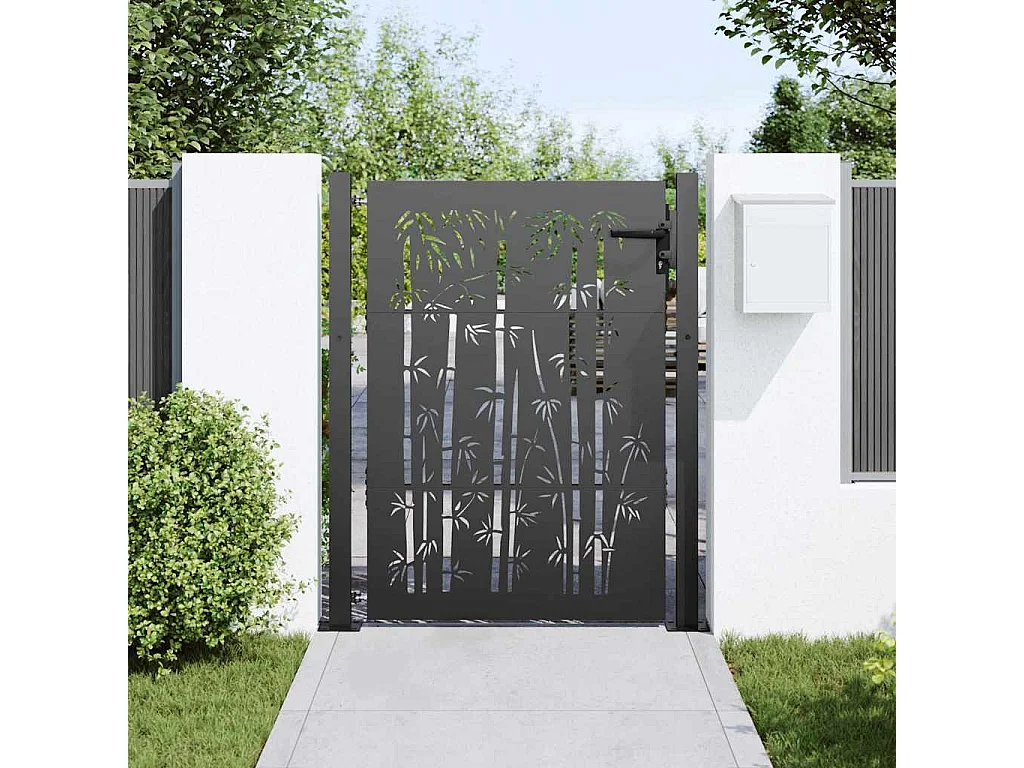 Porte de Jardin, Portail de Jardin 105x75 cm Design en Acier Corten et Bambou