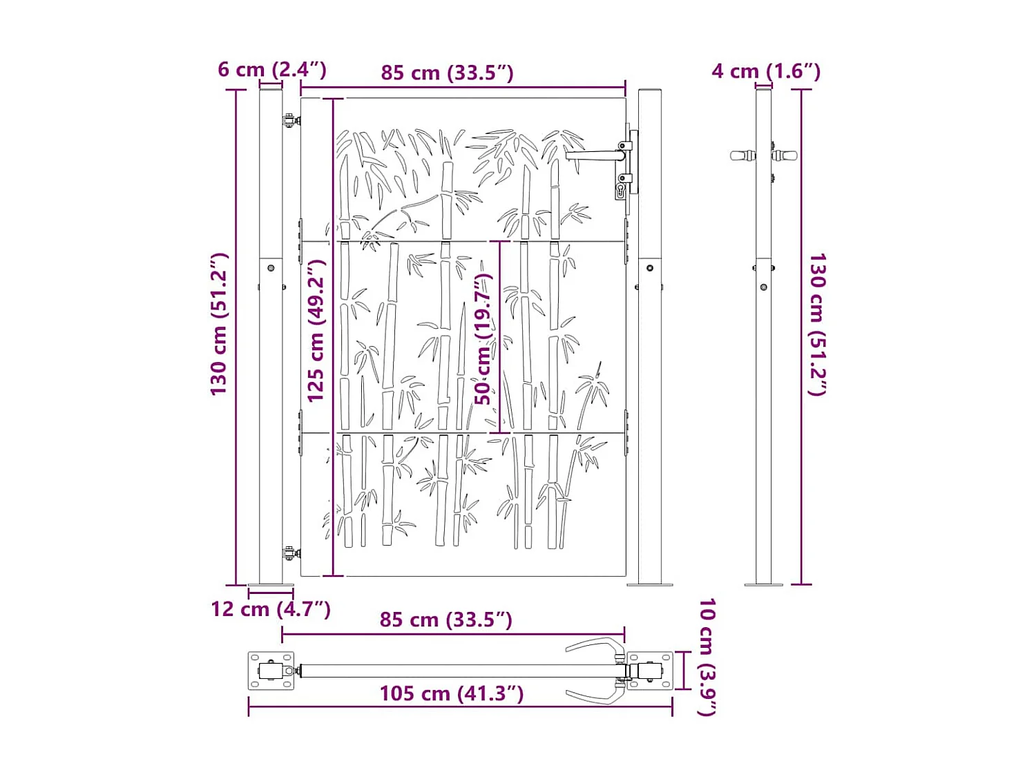 Porte de Jardin, Portail de Jardin 105x75 cm Design en Acier Corten et Bambou