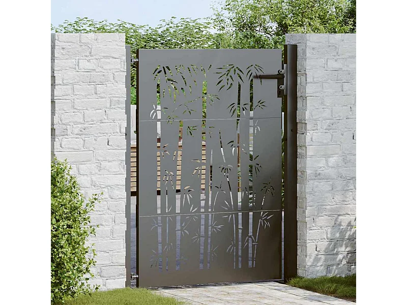 Porte de Jardin, Portail de Jardin 105x75 cm Design en Acier Corten et Bambou