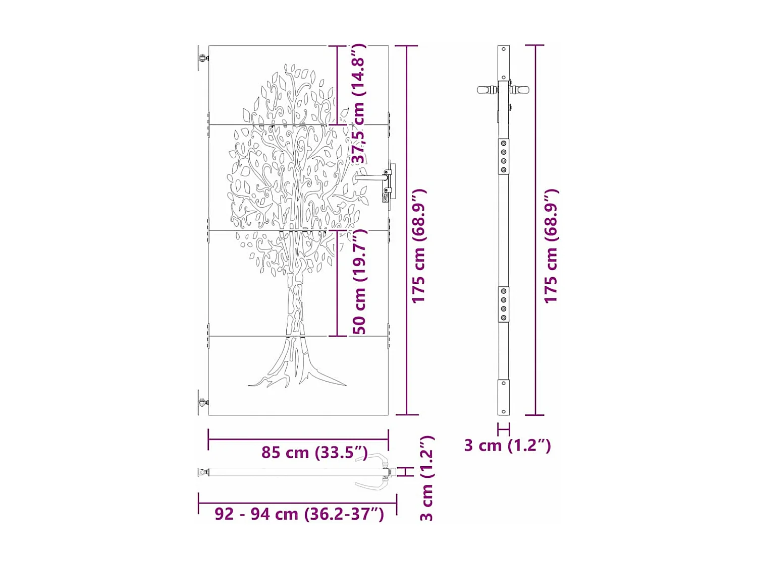 Puerta de jardín, Puerta de jardín 85x75 cm Diseño de árbol en acero Corten