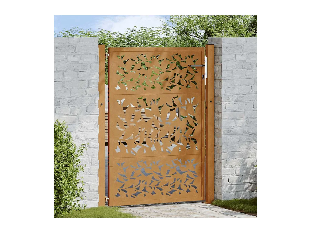 Puerta de jardín de acero resistente a la intemperie con diseño de hojas.