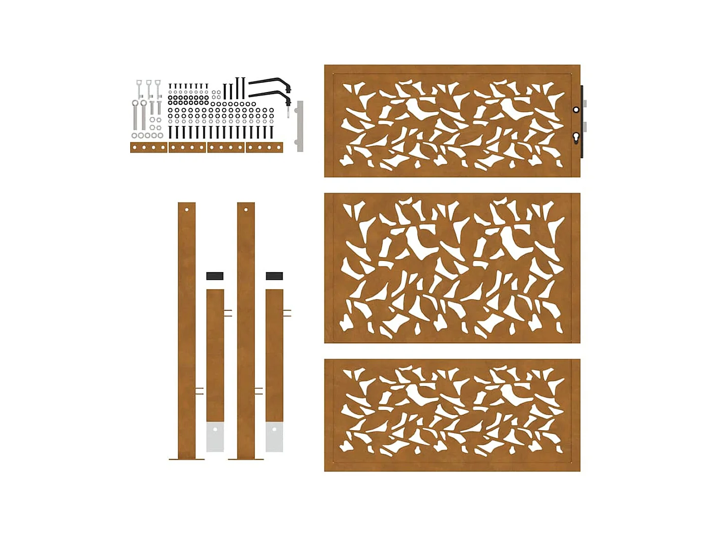 Puerta de jardín de acero resistente a la intemperie con diseño de hojas.