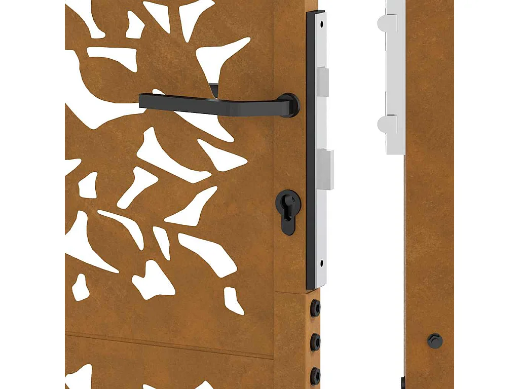 Puerta de jardín de acero resistente a la intemperie con diseño de hojas.