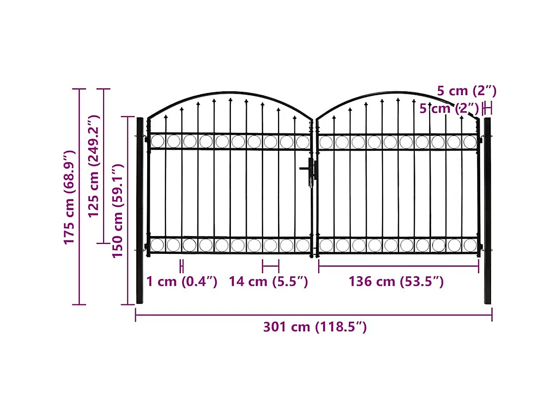 Cancello doppio con parte superiore arcuata Acciaio 300x125 cm Nero
