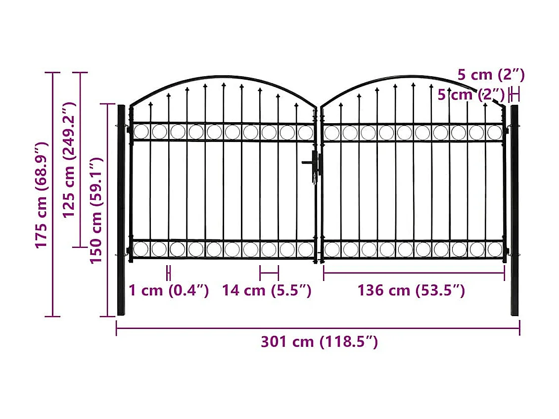 Portillon double porte avec dessus arqué Acier 300x125 cm Noir
