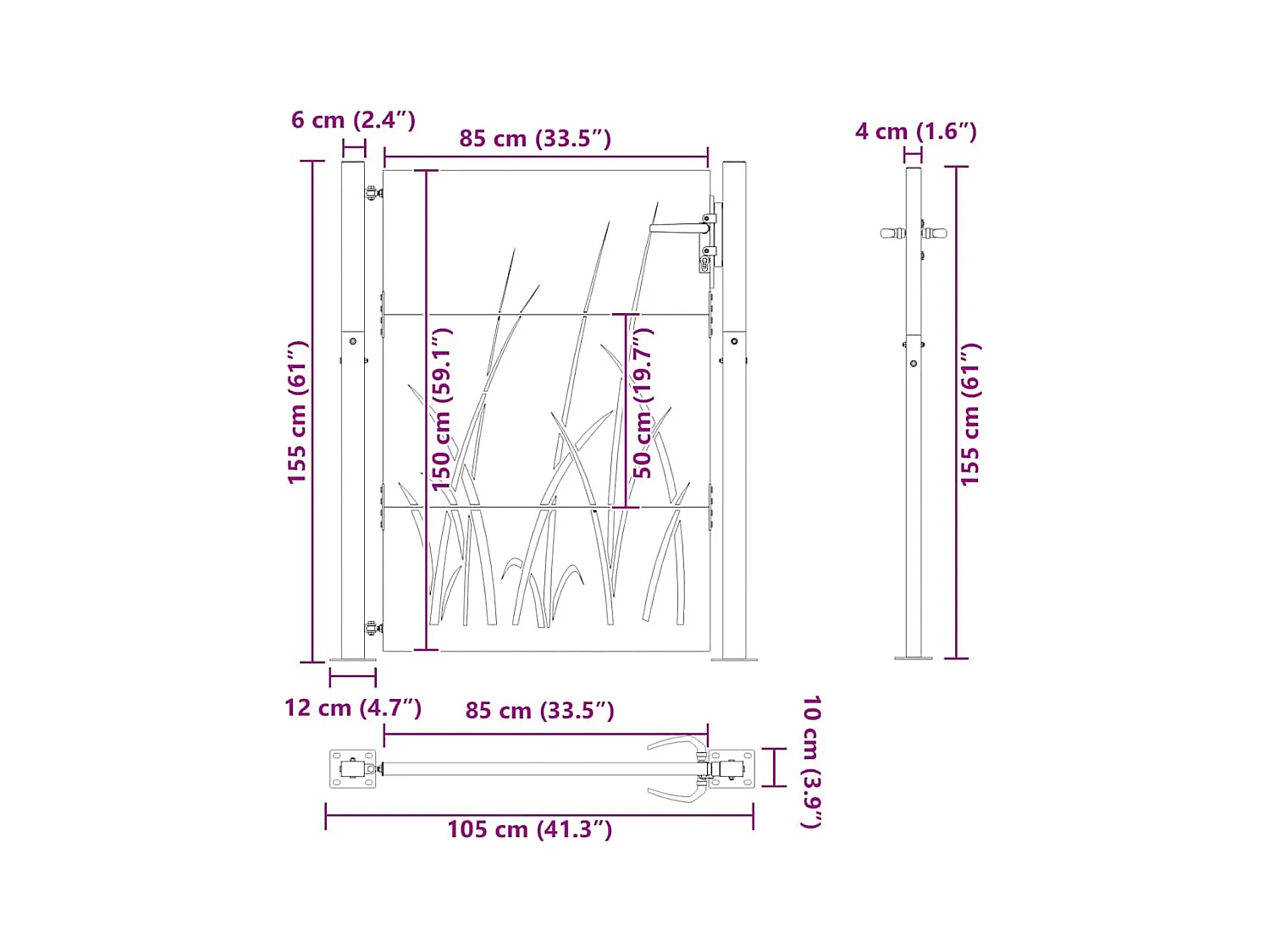Puerta de jardín negra de 105 x 150 cm de acero con recubrimiento en polvo