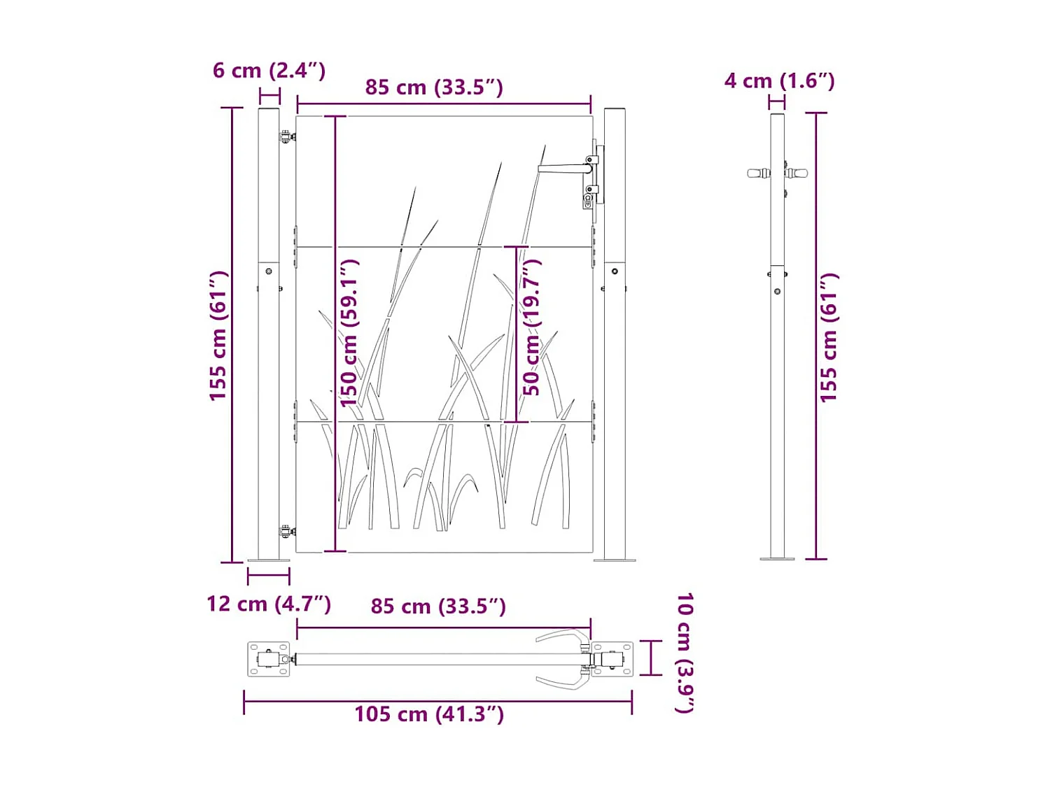 Puerta de jardín negra de 105 x 150 cm de acero con recubrimiento en polvo
