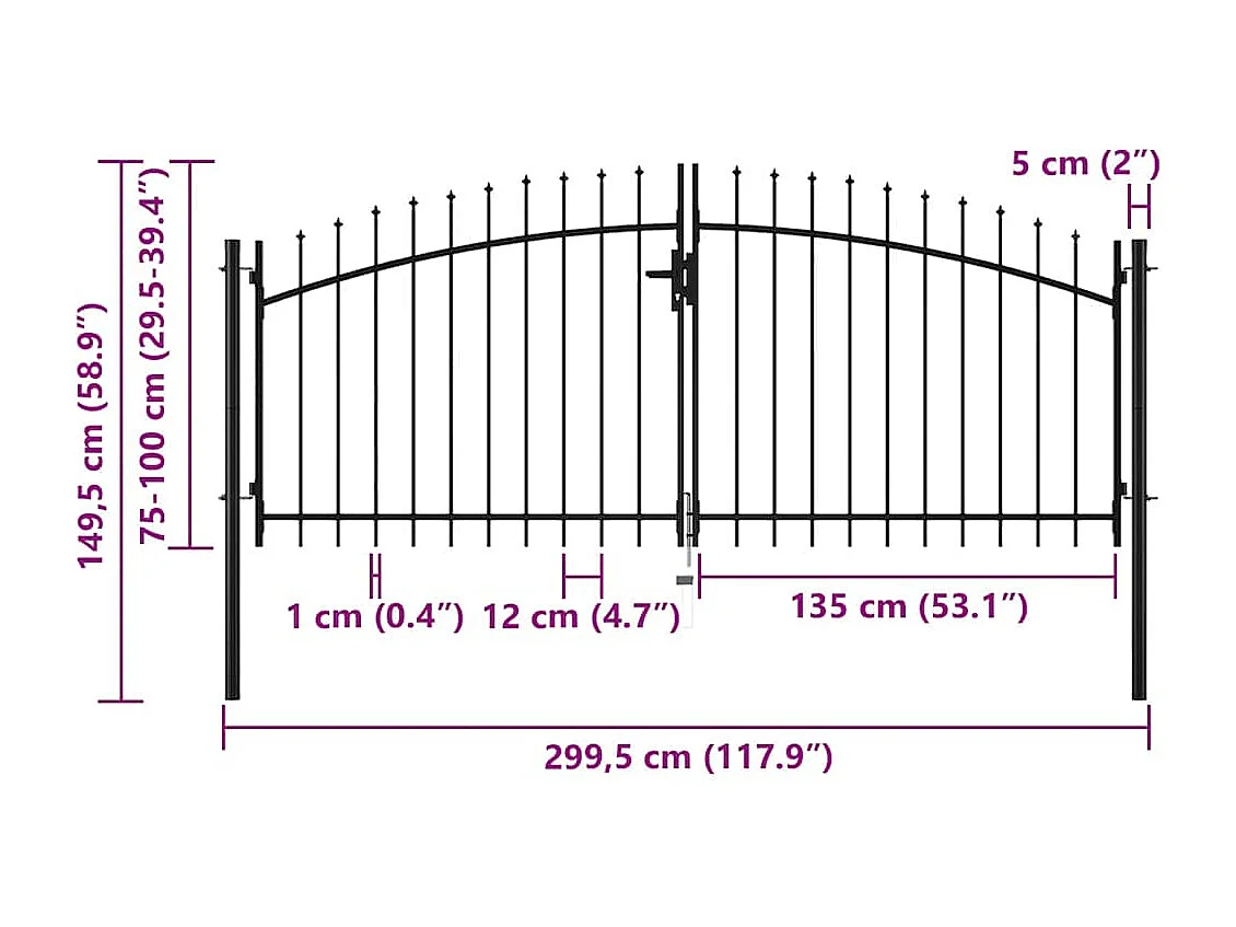 Double portail avec haut sous forme de lance 300 x 150 cm