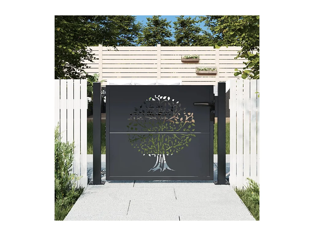 Portail de jardin anthracite 105x80 cm acier conception d'arbre